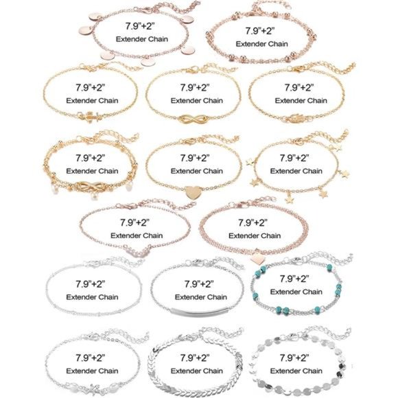 16Pcs Ankle Bracelets Women Girls Gold Silver Two Style Chain Beach Anklet - Picture 5 of 7